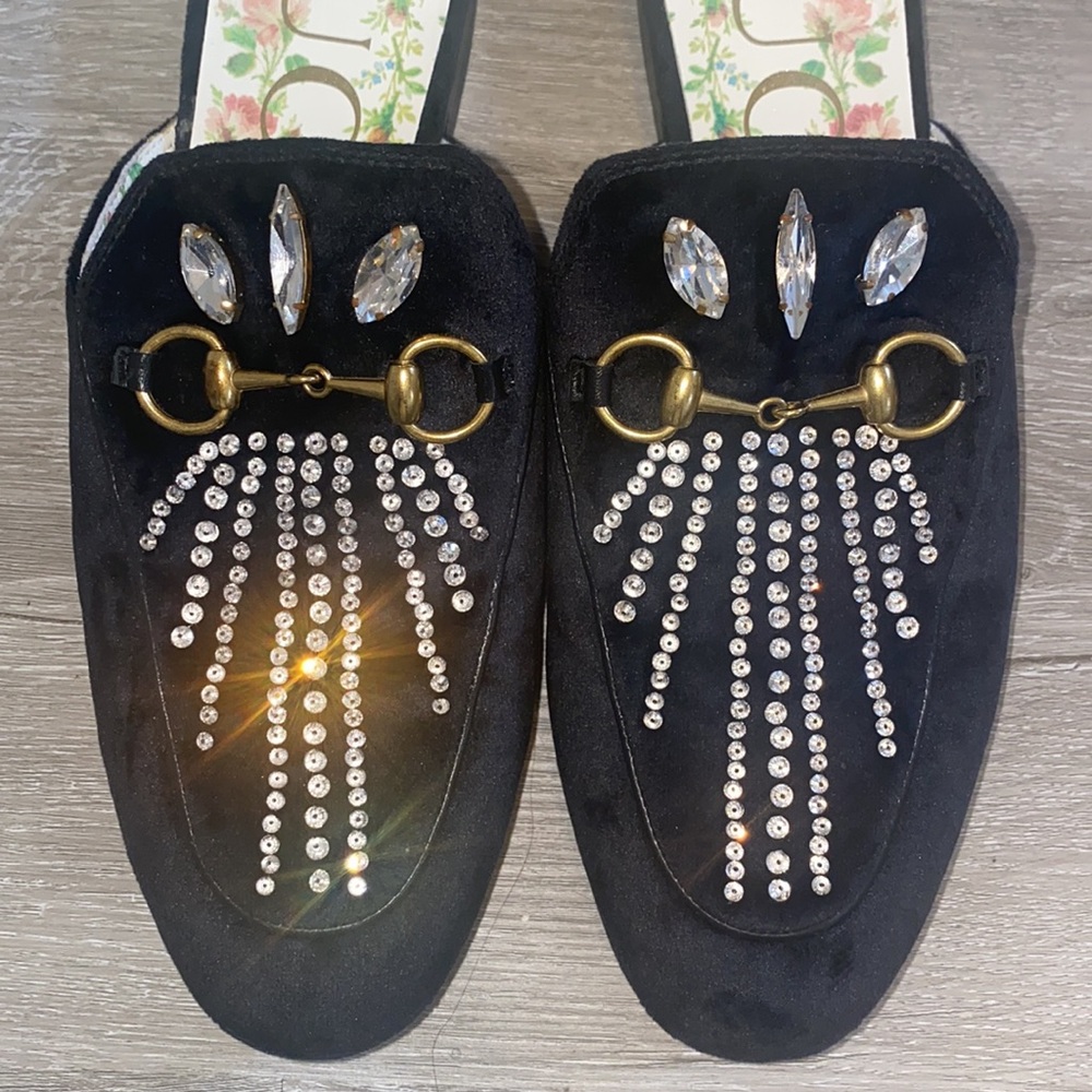 SOLD ❤️ Gucci Black Princetown Velvet Crystals Mules SZ 7 - Picture 4 of 11
